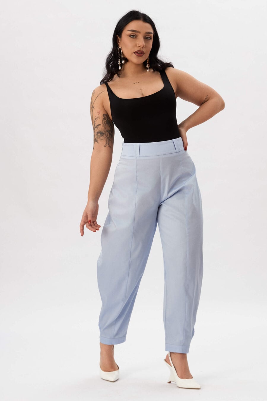 Troublemaker barrel leg pants in sky blue - Designed for sitting, pacing, speaking up, walking away – a shape that shifts with you, not against you, with room for everything you carry. A fit that stays kind, even when the day isn’t.