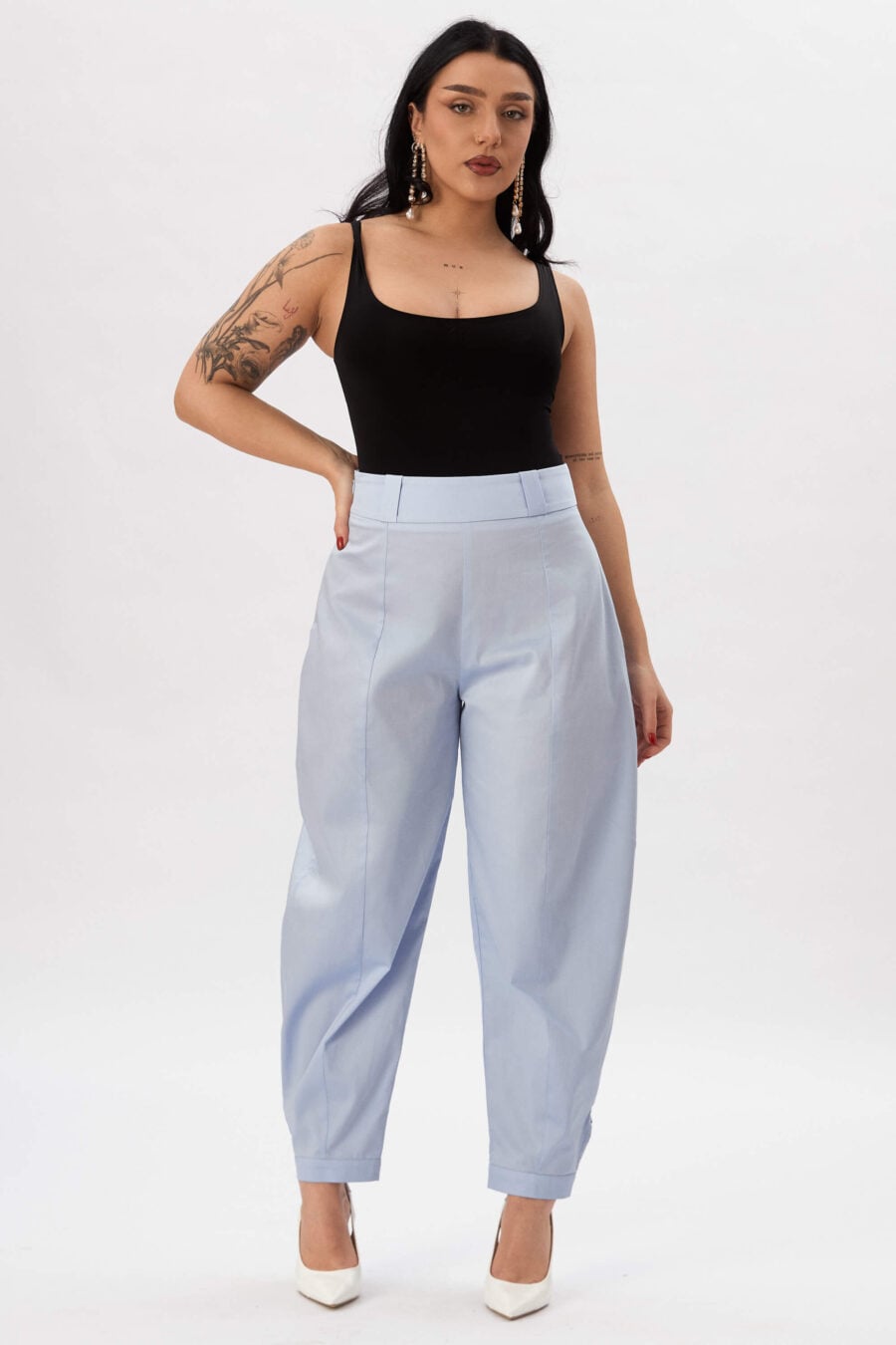 Troublemaker barrel leg pants in sky blue - Designed for sitting, pacing, speaking up, walking away – a shape that shifts with you, not against you, with room for everything you carry. A fit that stays kind, even when the day isn’t.