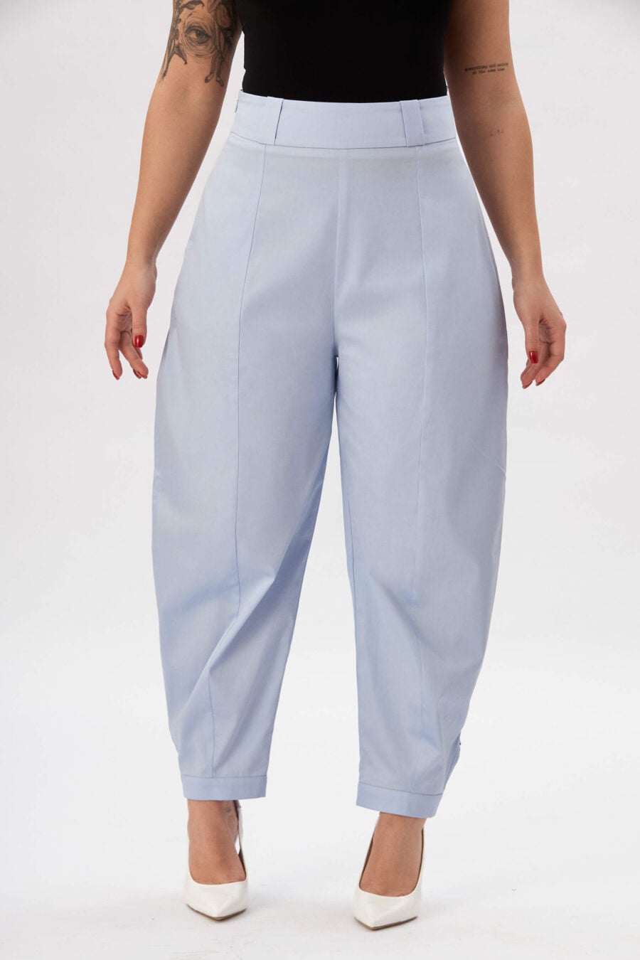 Troublemaker barrel leg pants in sky blue - Designed for sitting, pacing, speaking up, walking away – a shape that shifts with you, not against you, with room for everything you carry. A fit that stays kind, even when the day isn’t.